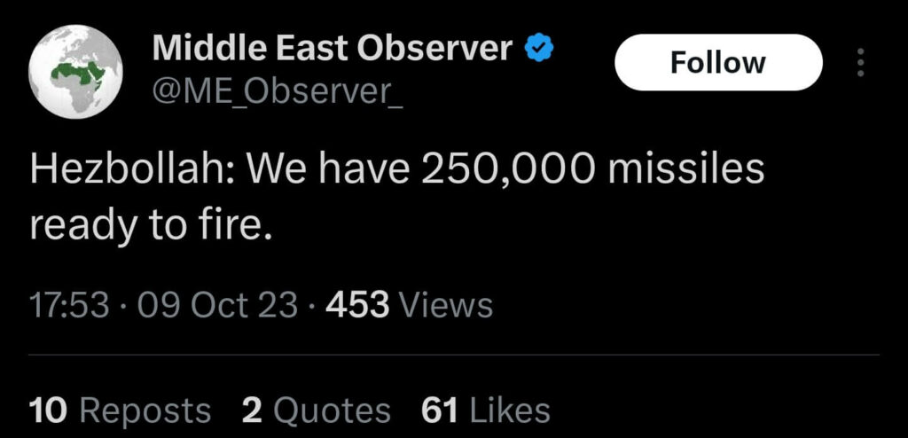 Captura de pantalla de un twit de Middle East Observer